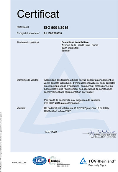 certificat iso 9001 pour Fawanisse immobilière